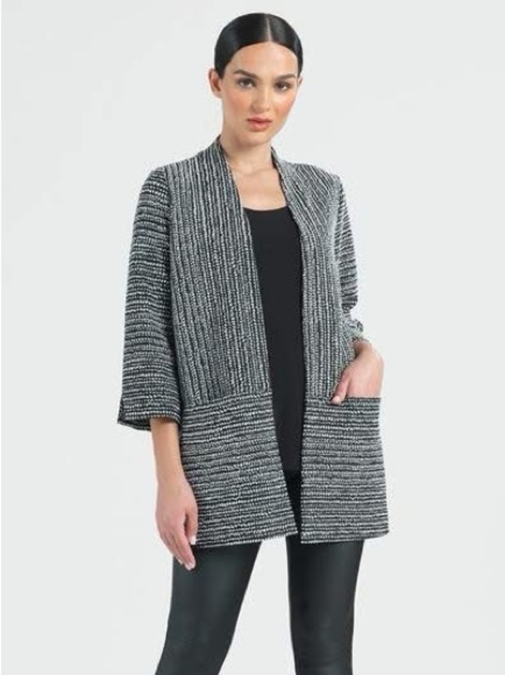 Clara Sun Woo Textured Knit Jacket Open Front Pockets Black Whiteā S Minimalist